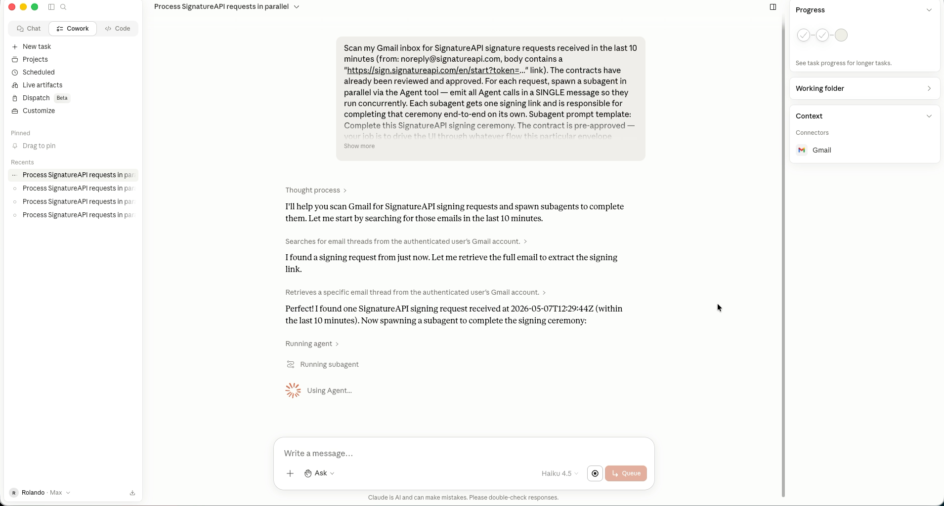 Claude spawning parallel subagents, one per signing link