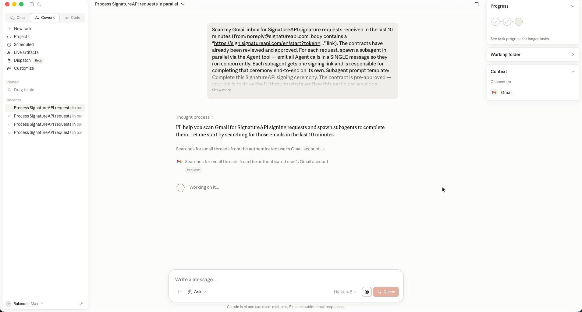 Claude scanning Gmail for SignatureAPI signing requests