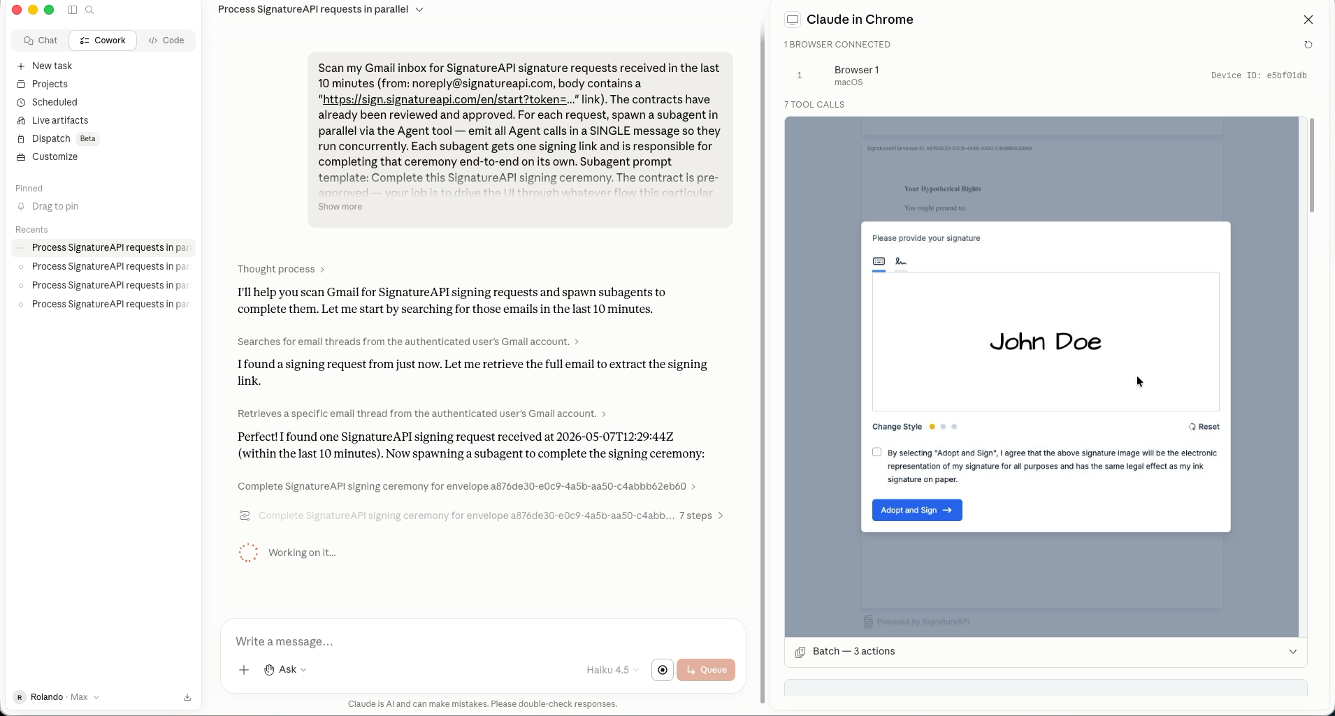 Subagent completing the SignatureAPI signing ceremony