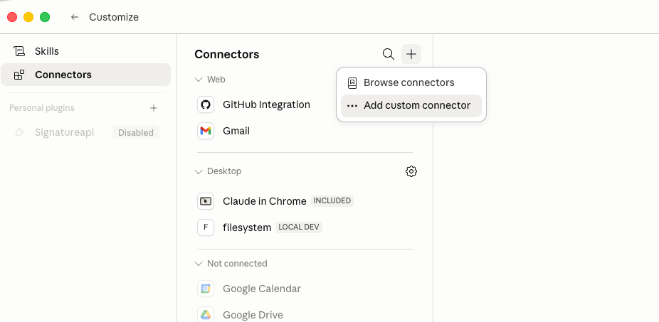 Opening the Add custom connector dialog in Claude