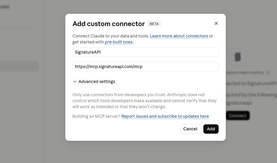 Pasting the SignatureAPI MCP URL into Claude