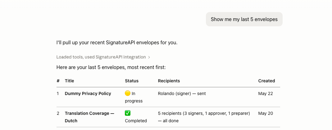Claude listing envelopes from SignatureAPI