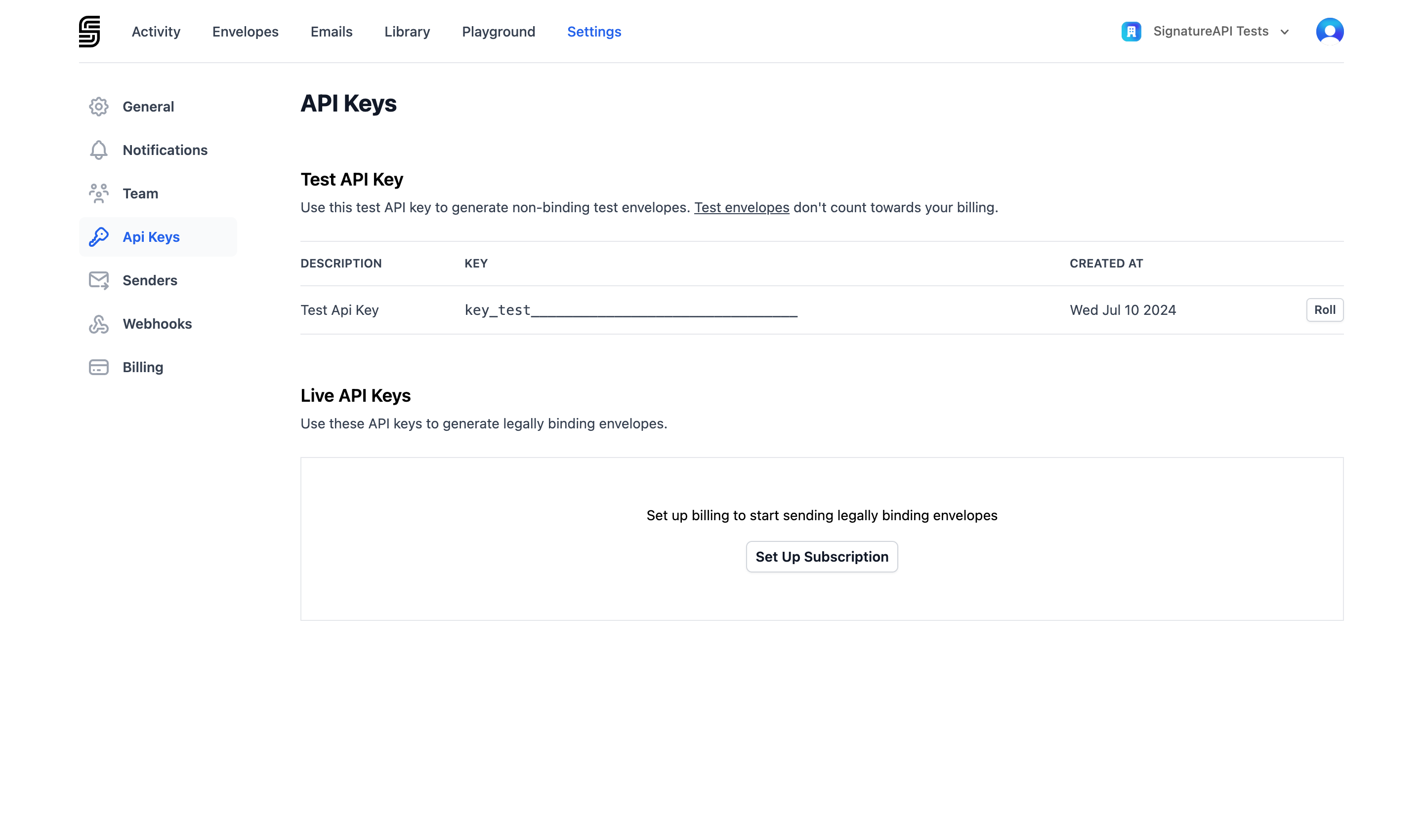 API Keys page