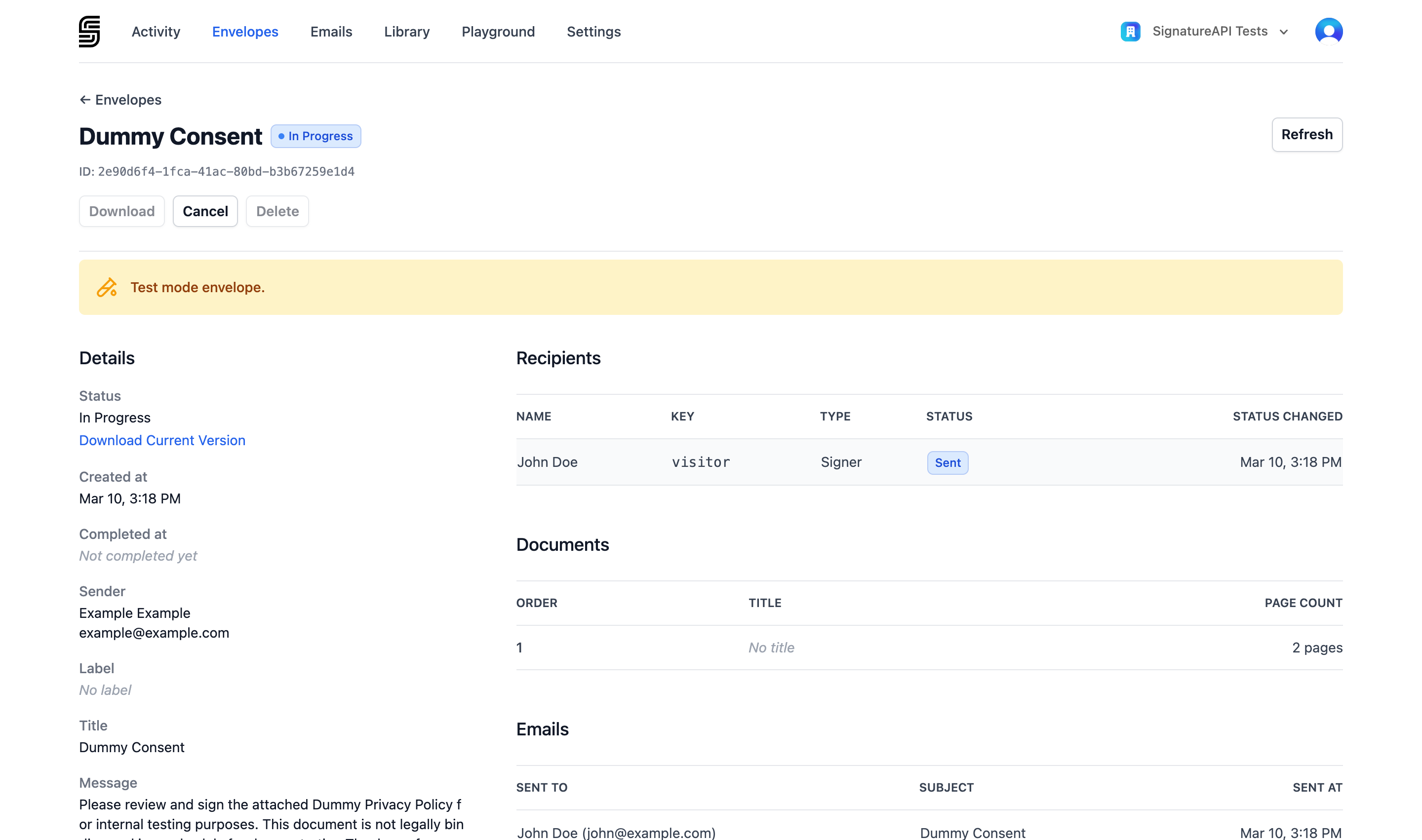 Envelope detail page