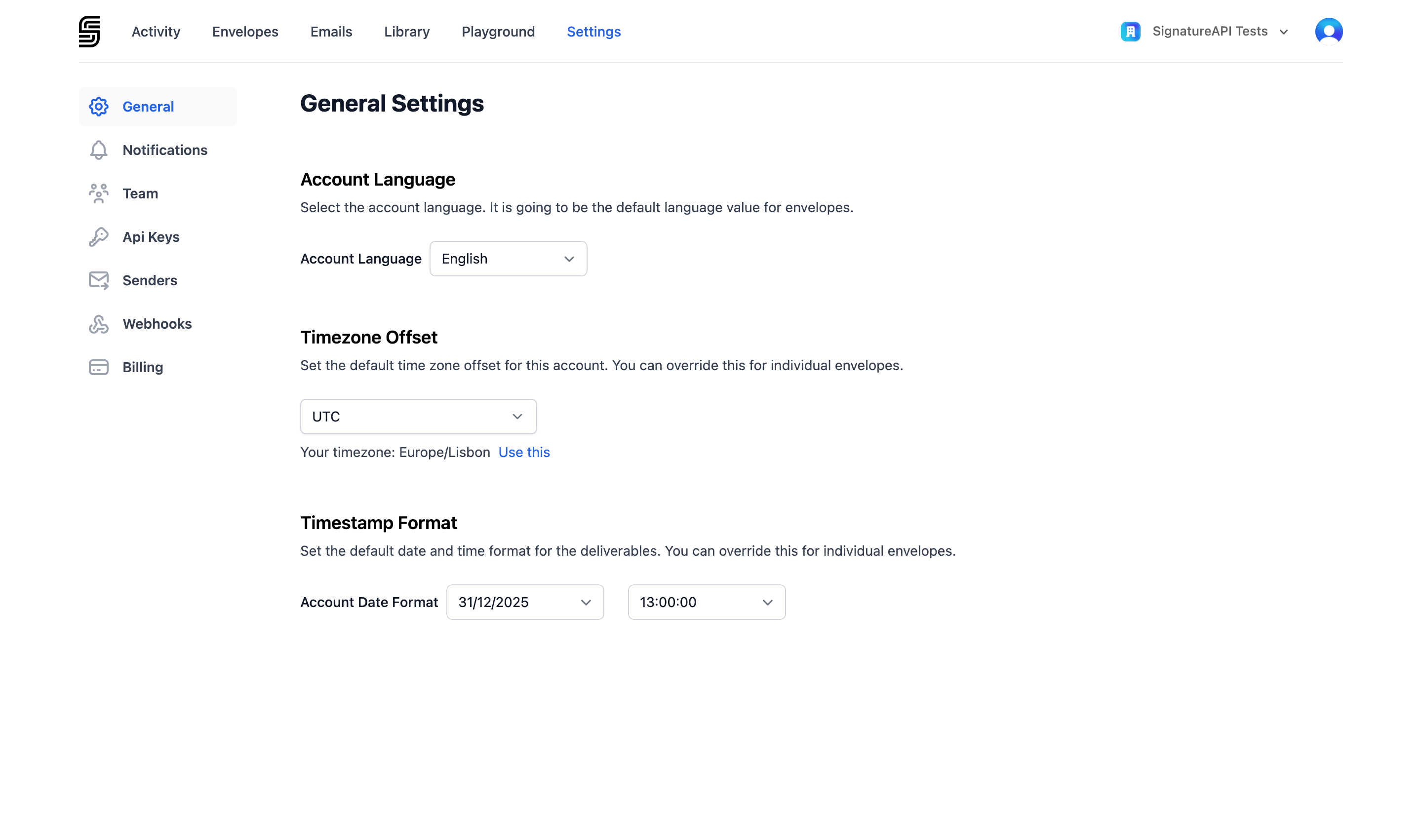 General Settings page