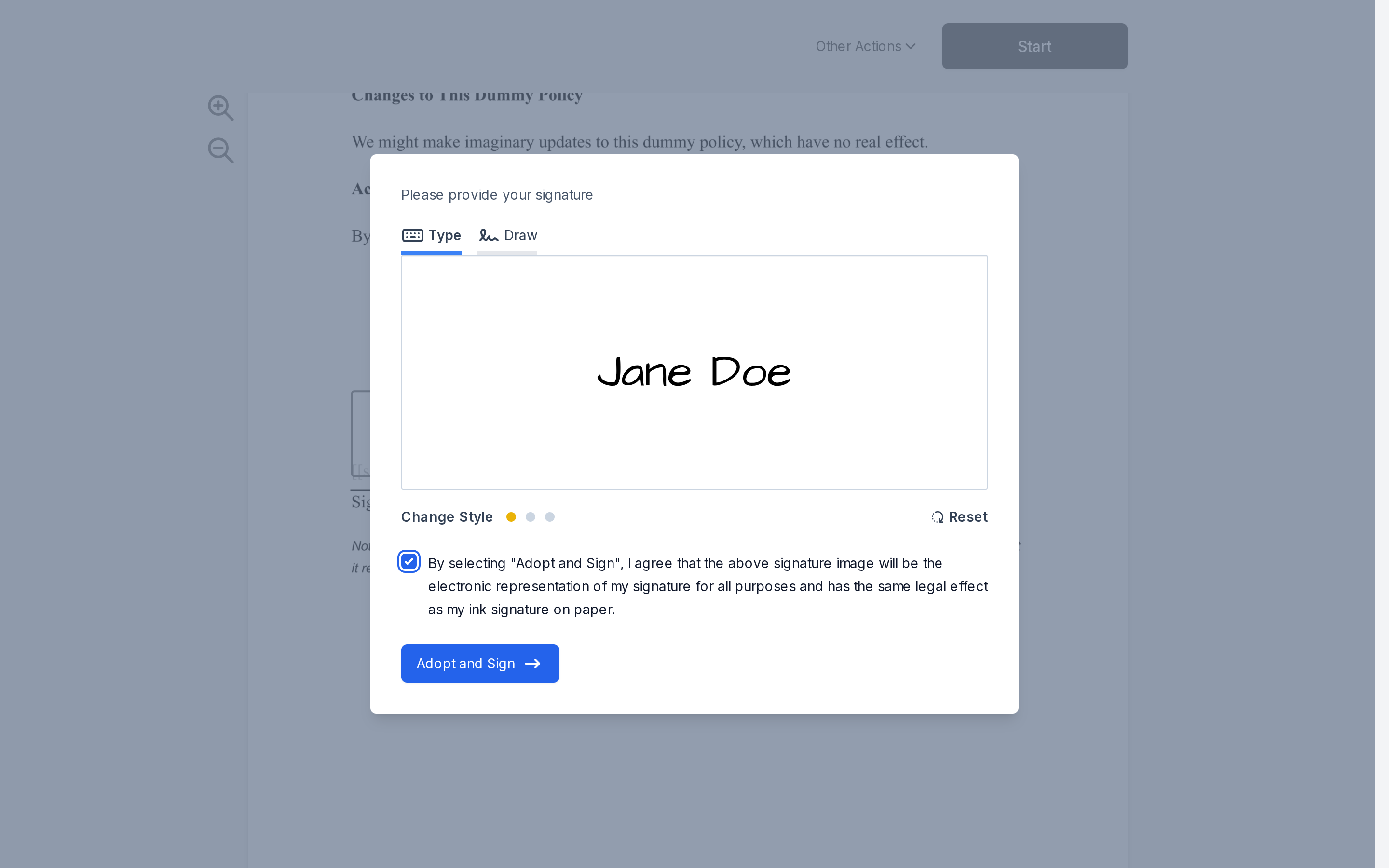 The signature adoption dialog with Jane Doe's typed signature and the Adopt and Sign button