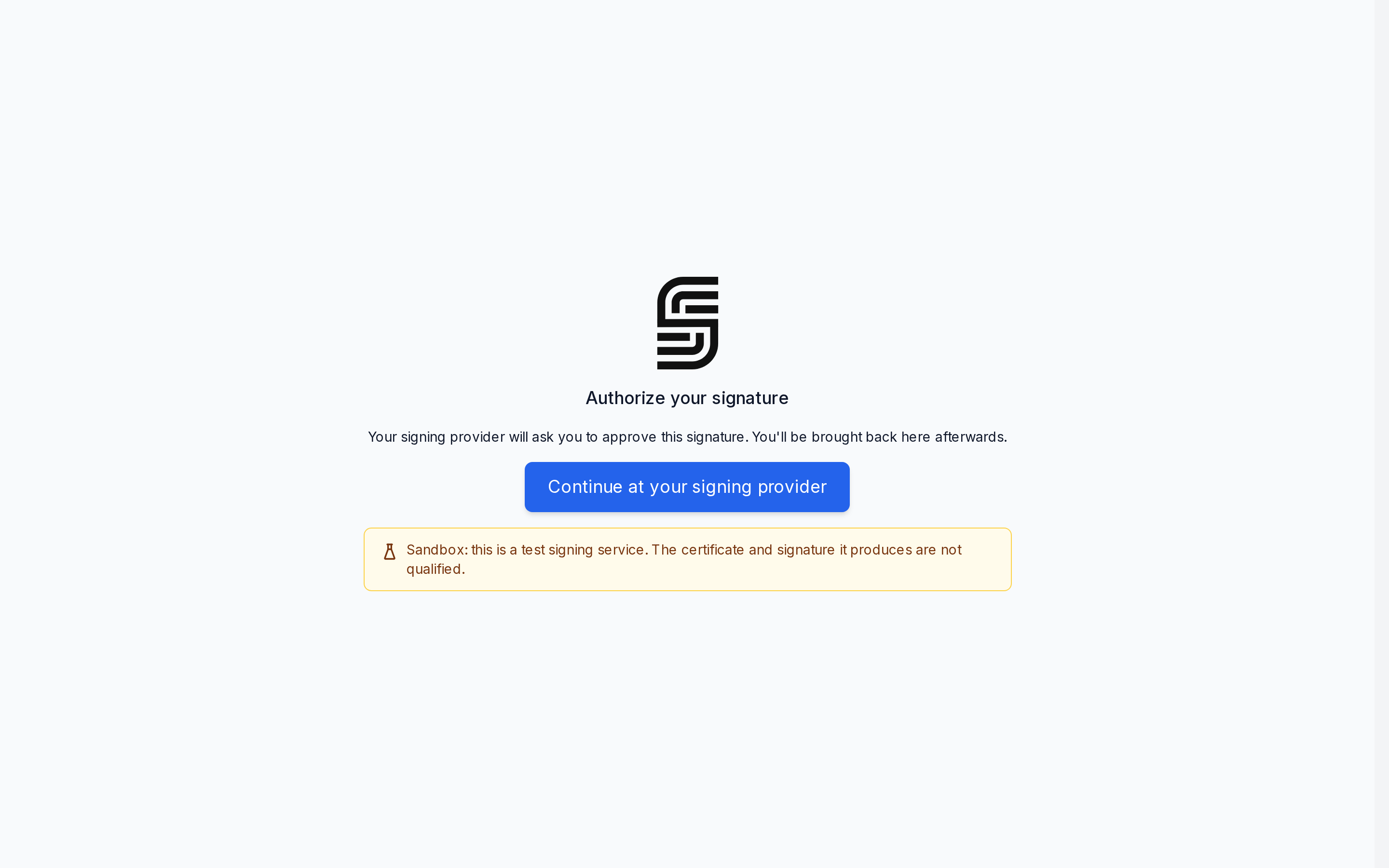 The ceremony screen titled Authorize your signature, with the sandbox notice shown in test mode