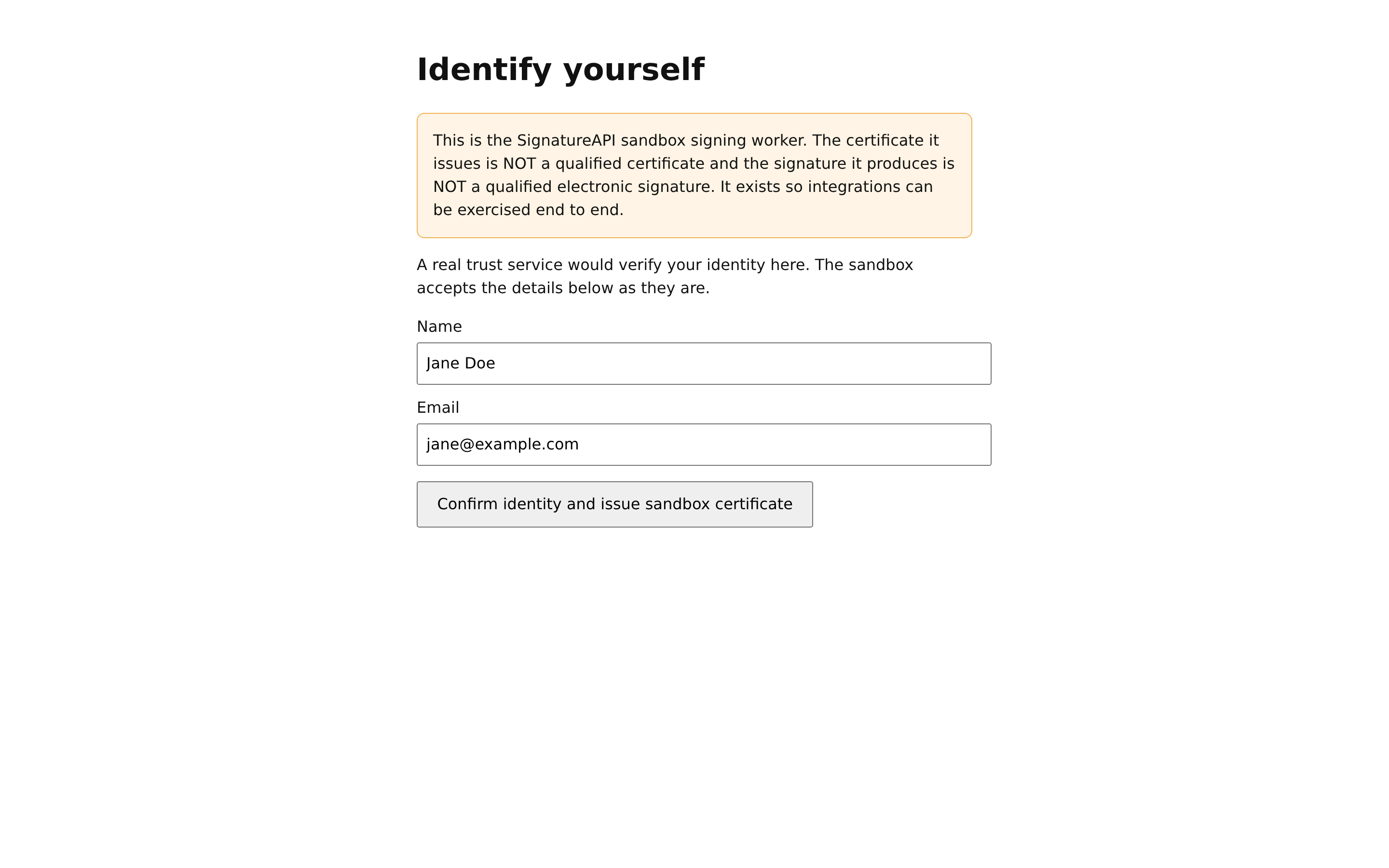 The sandbox worker's Identify yourself page with Jane Doe's name and email