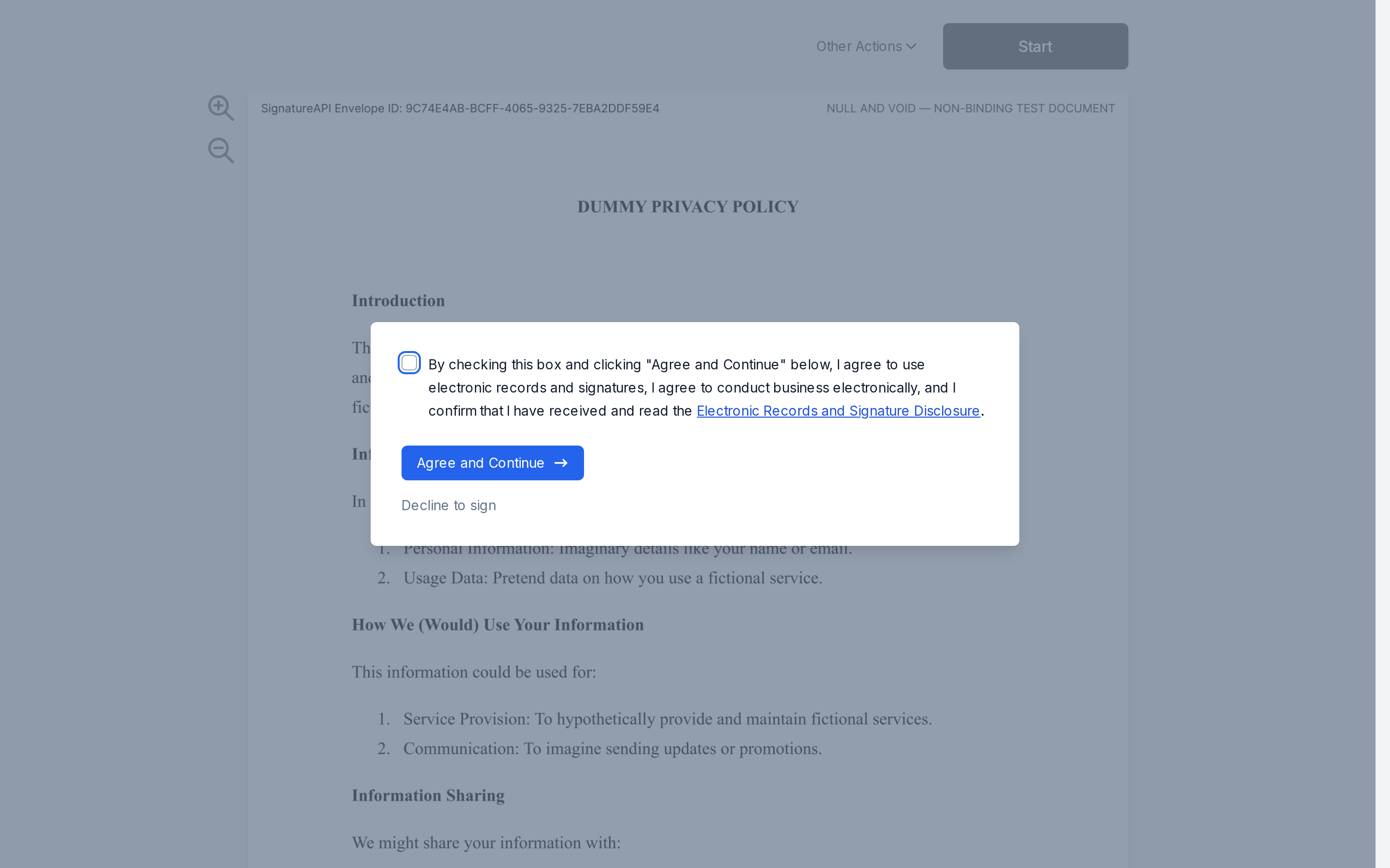 Ceremony showing the document with the consent dialog and its Agree and Continue button