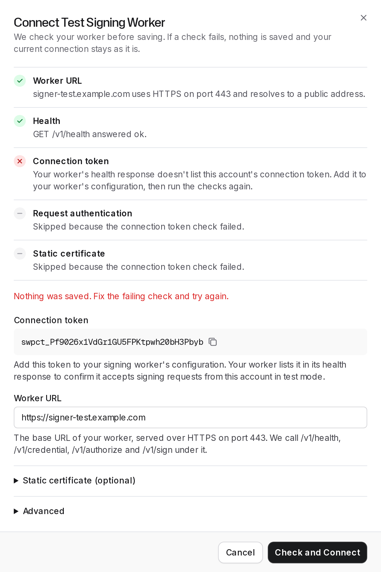 Connect dialog after a refused connect: Worker URL and Health passed, Connection token failed, the later checks skipped, and the message Nothing was saved