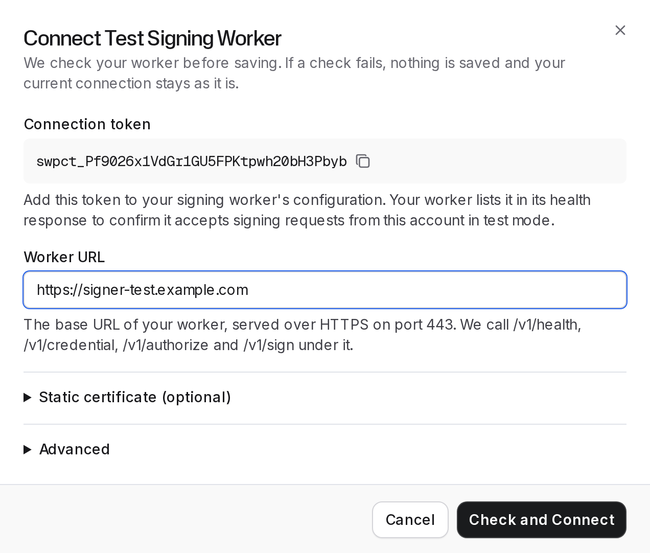 Connect Test Signing Worker dialog with the connection token, its copy button and a filled-in worker URL