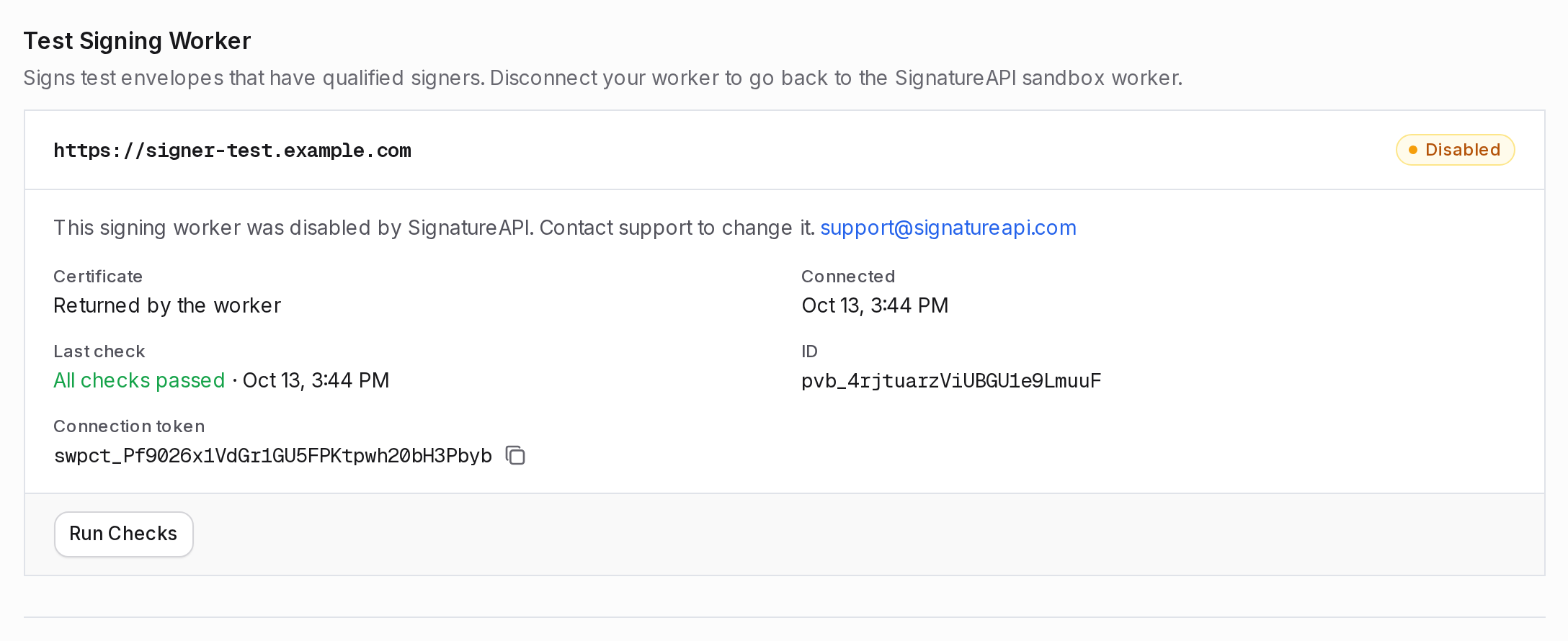 Disabled test signing worker with the Disabled status, the contact support note and only the Run Checks button