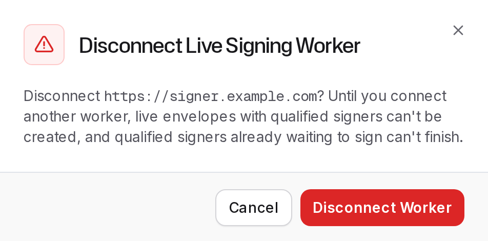 Disconnect Live Signing Worker confirmation with its warning and the Disconnect Worker button