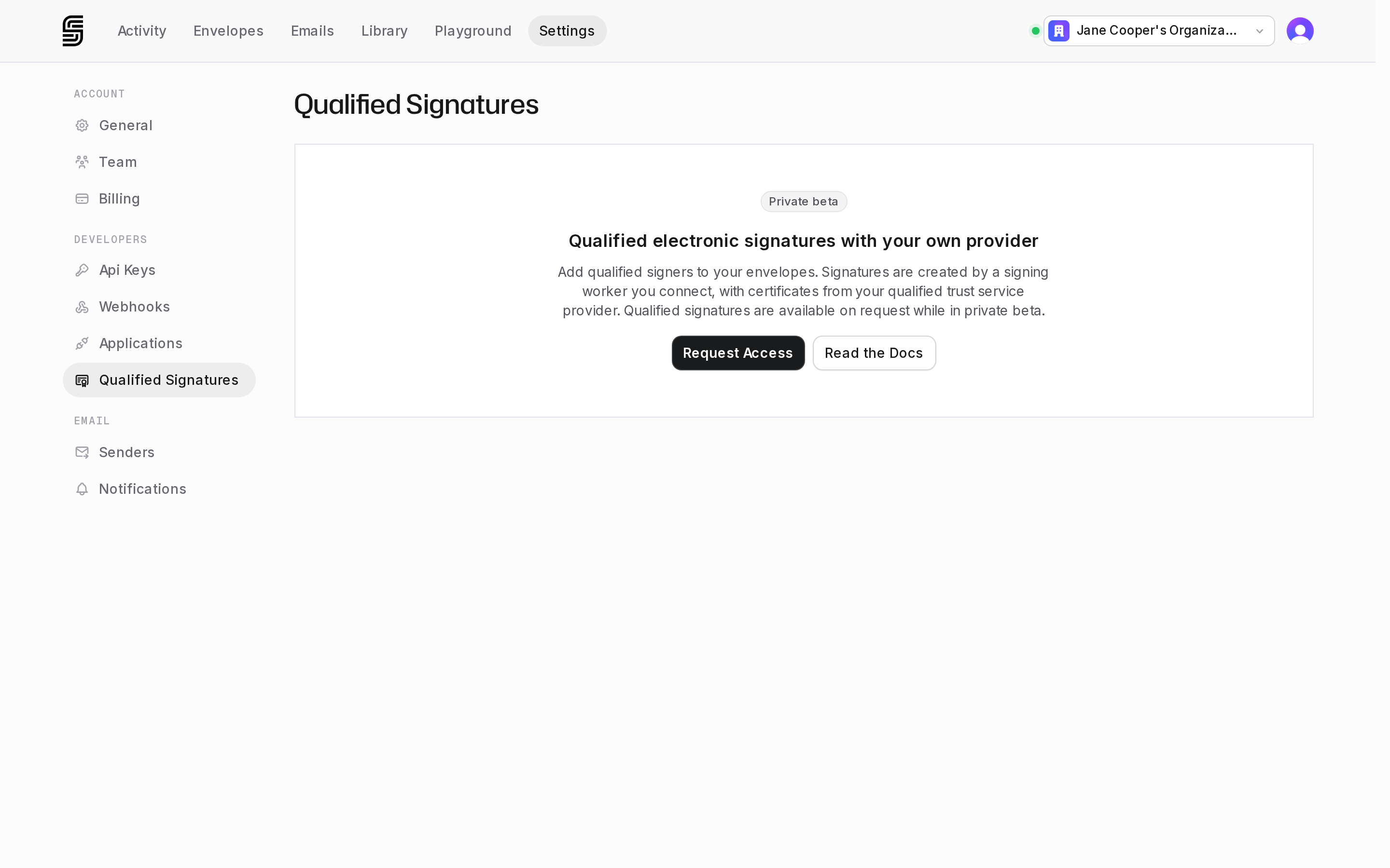 Qualified Signatures settings page before access is enabled, with the Private beta label and the Request Access and Read the Docs buttons