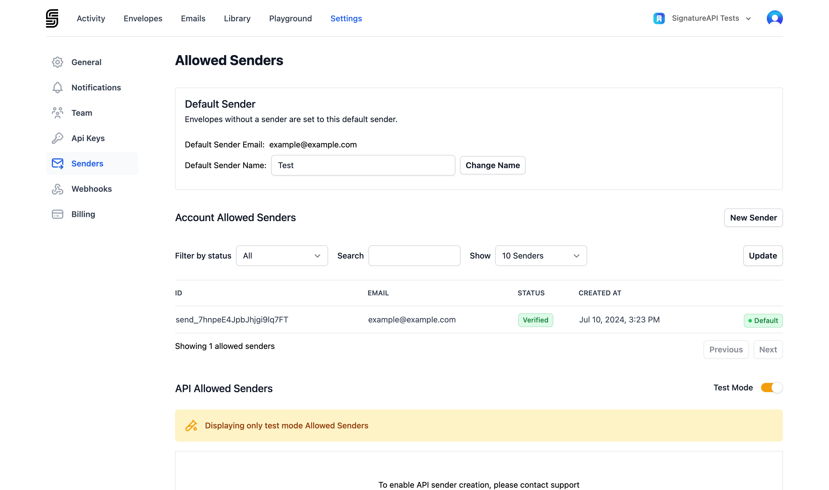 Senders settings page