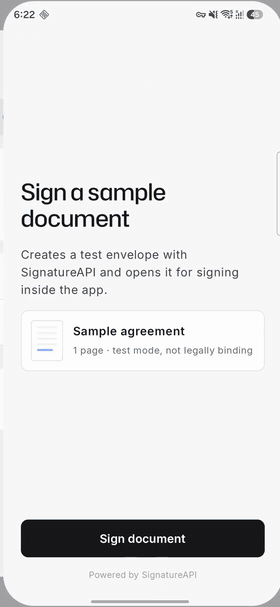 The demo's Android app signing a test document in an embedded ceremony