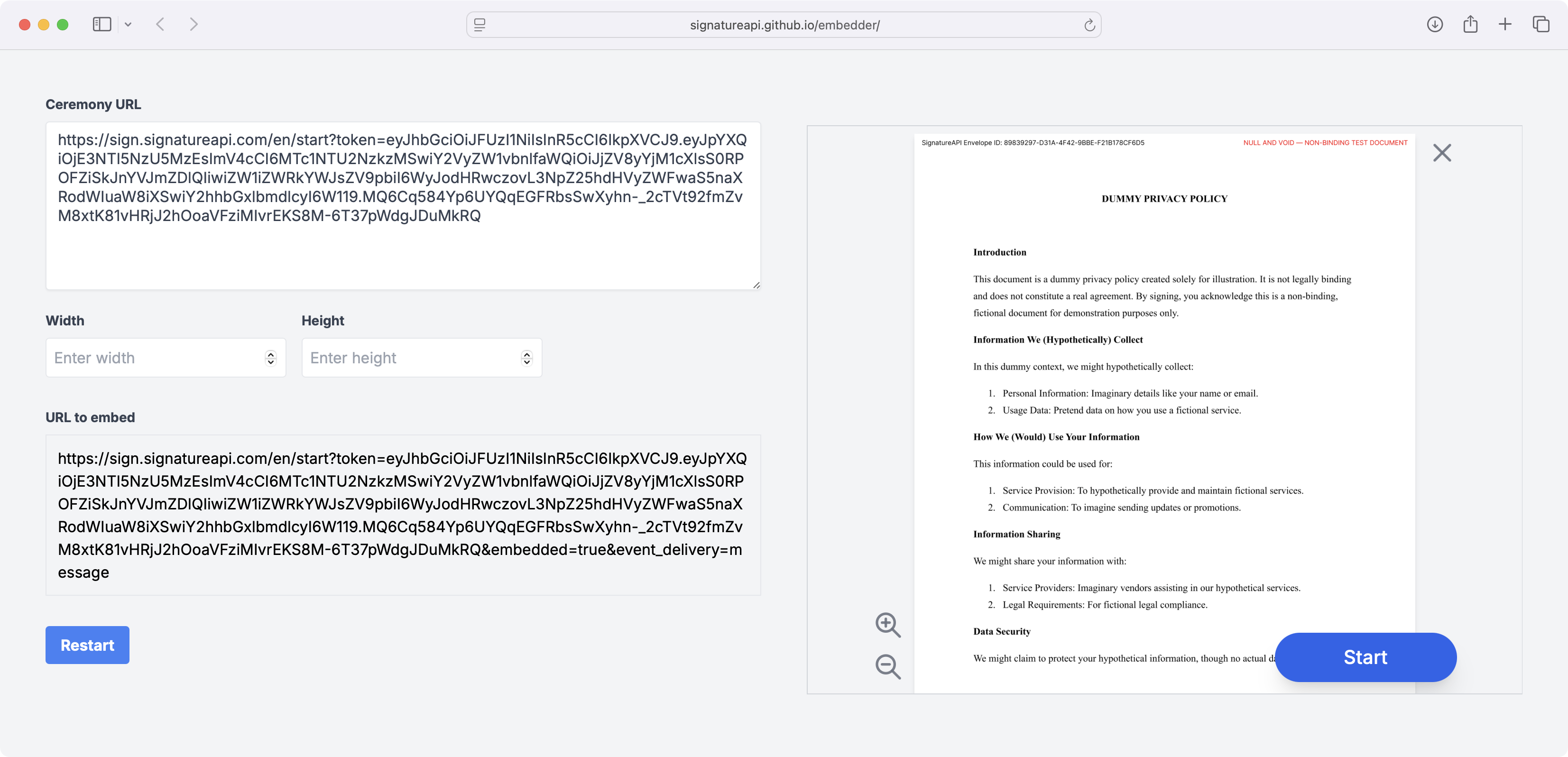 Embedder tool interface showing ceremony URL input and iframe preview