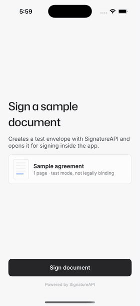 The demo's iOS app signing a test document in an embedded ceremony