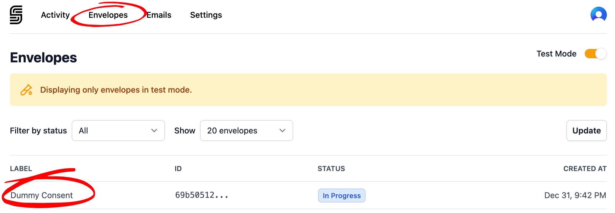 Select your envelope in the dashboard