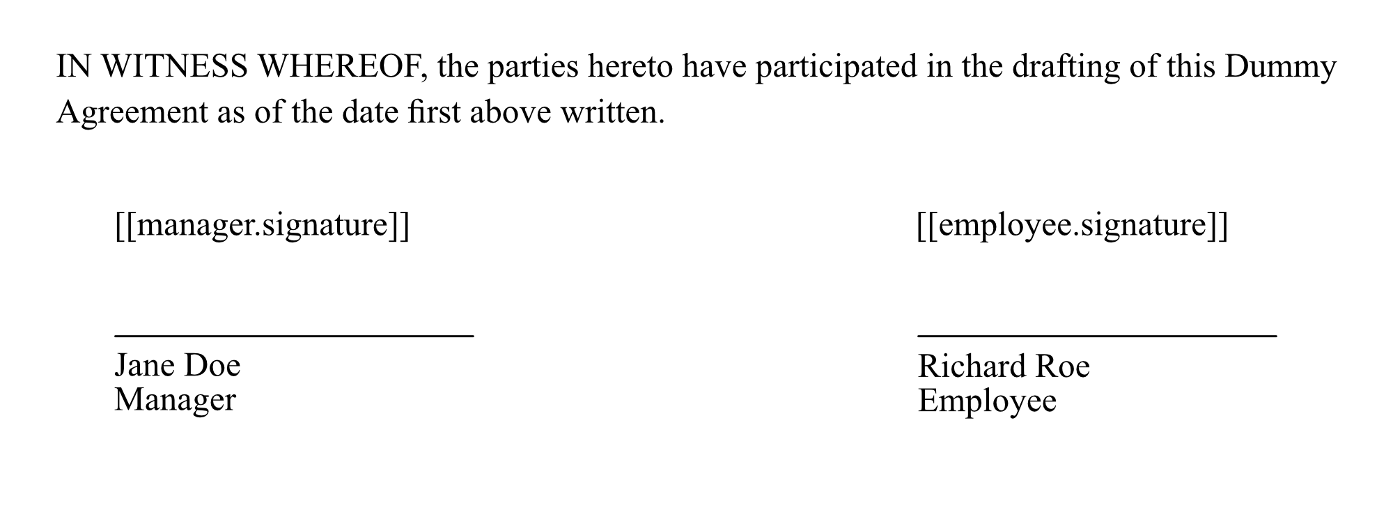 DOCX template with merge fields and signature placeholders