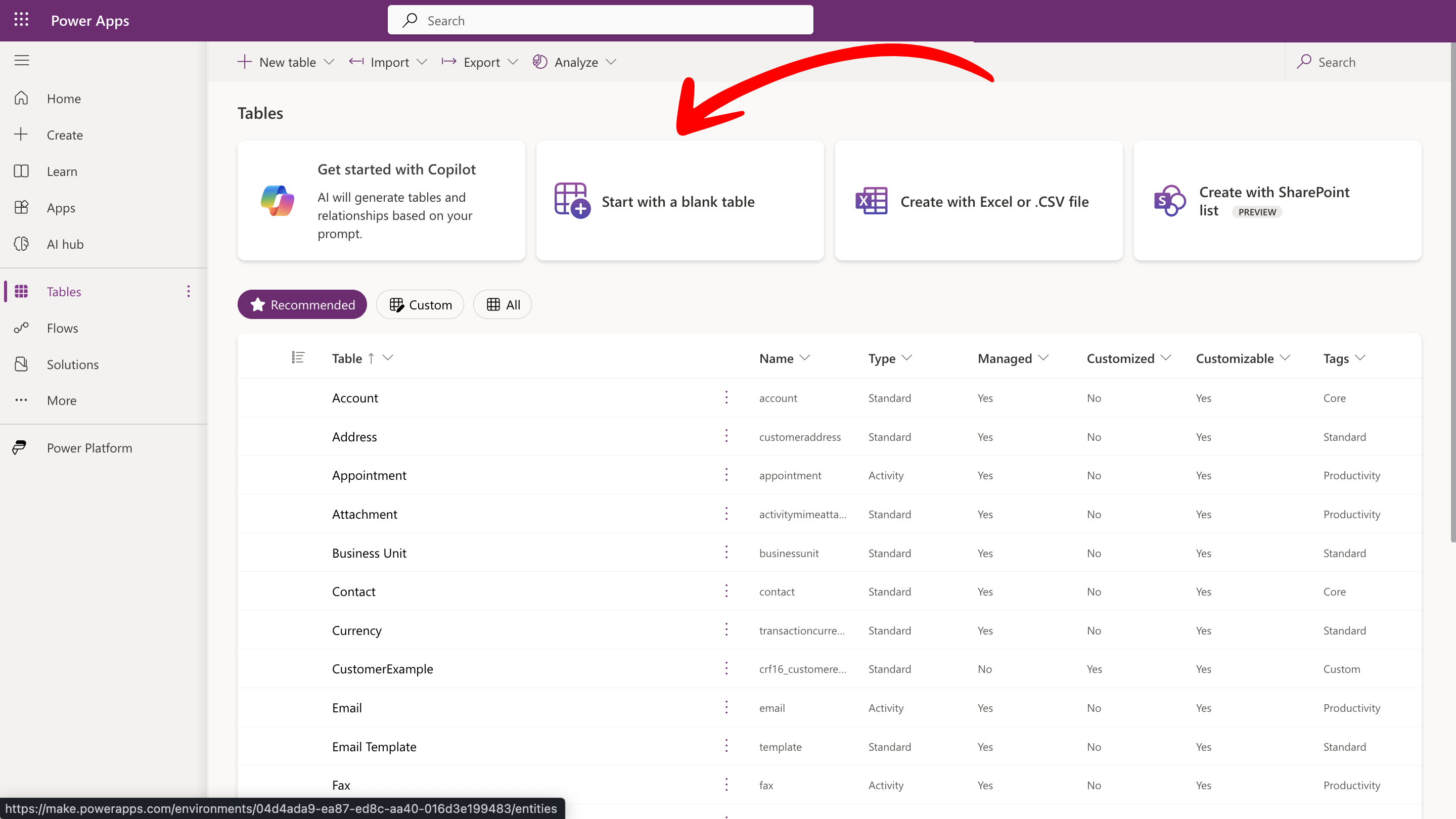 Start with a blank table