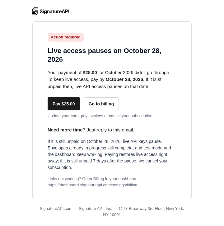 Final reminder email, sent 7 days before live access pauses