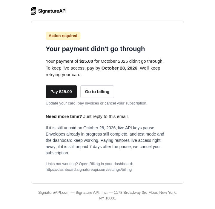 First notice email, headed "Your payment didn't go through"