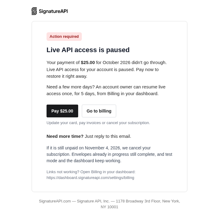 Email sent when live access pauses