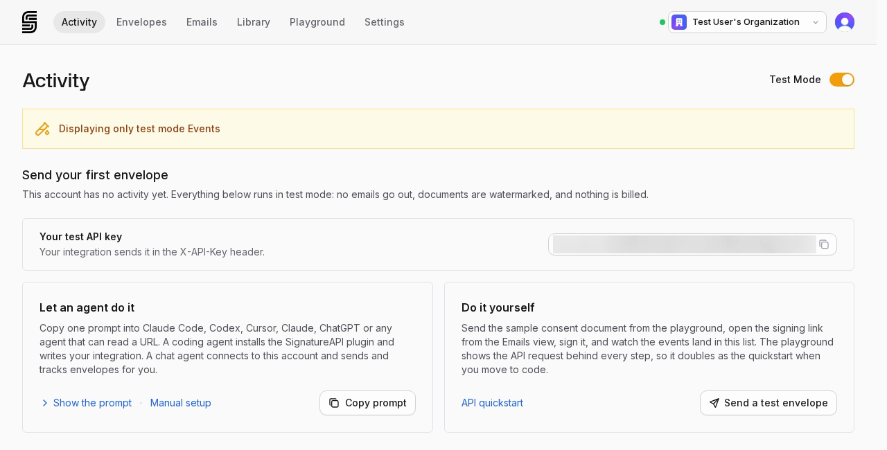 Activity page of a new account with the test API key above two cards, Let an agent do it and Do it yourself