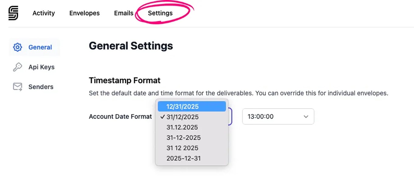 Settings dashboard